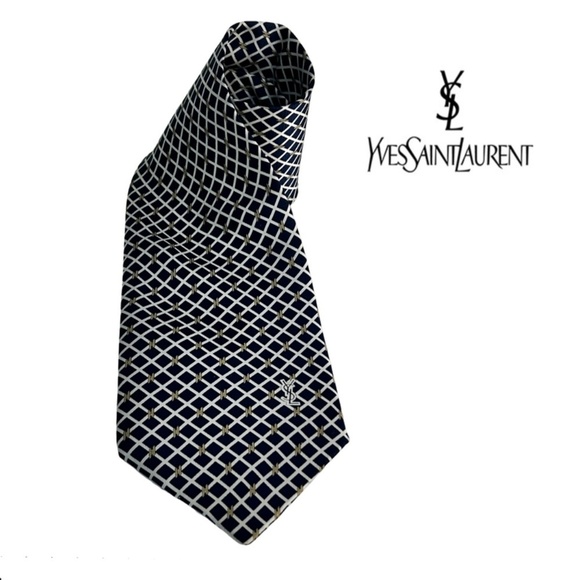 Yves Saint Laurent Paris Luxury Silk Necktie Tie Vintage Monogrammed Window Pane - Picture 1 of 14